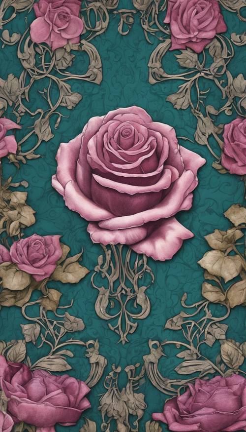美しいバラの花がひねり巻かれたツタに絡まるダマスク柄の壁紙