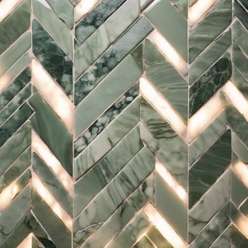 Gorgeous sage green marble tiles forming a herringbone pattern on a kitchen backsplash illuminated by puck lights.