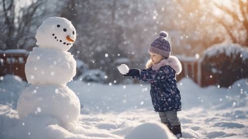 A toddler girl in fluffy winter clothes making a snowman in a snow-covered garden.