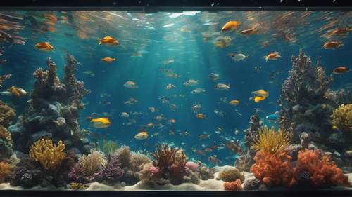 Une fenêtre sous-marine dans un sous-marin avancé, affichant une myriade de poissons tropicaux nageant dans un récif de corail vibrant.