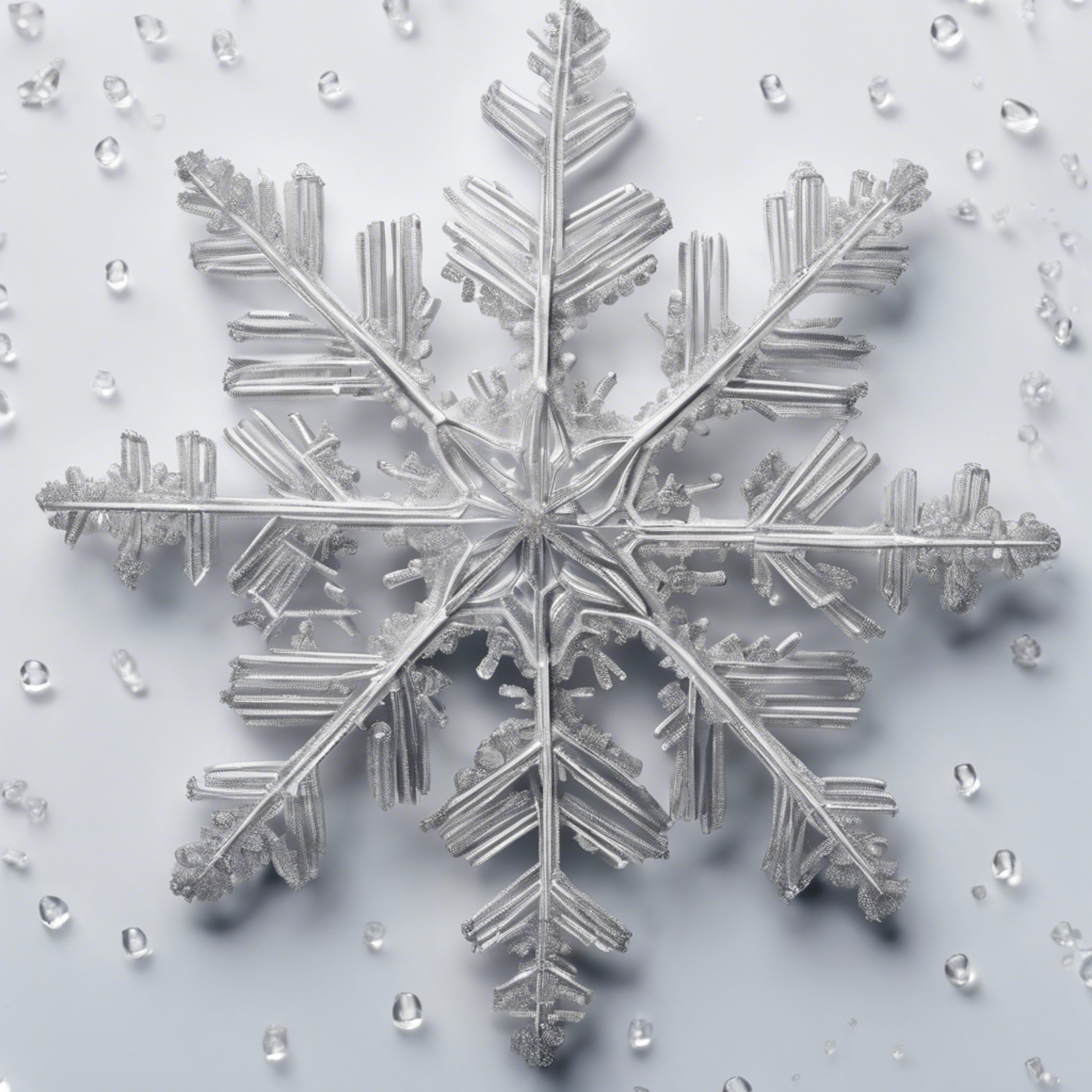 Close-up macro photography of a silver-white snowflake, intricate in detail, against a cool white background. Tapetai[e4635791b5a244959ce4]