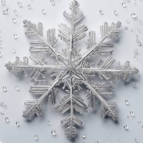 Close-up macro photography of a silver-white snowflake, intricate in detail, against a cool white background.