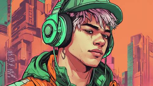 Uma imagem desenhada à mão de um garoto gamer usando um boné laranja e fones de ouvido verdes.