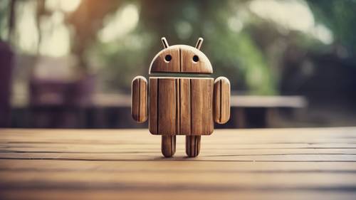 A vintage-looking Android logo made entirely out of wood.