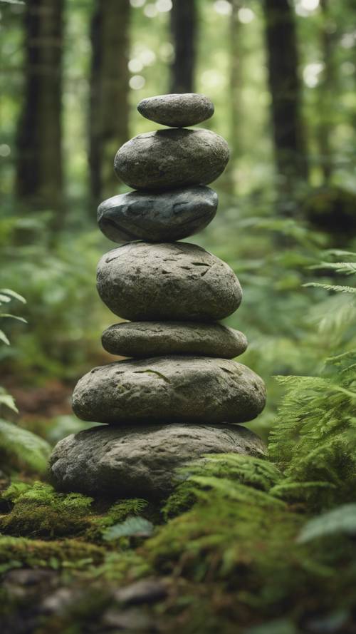 A stone Cairn piled in the middle of a lush forest, with the mystical words hovering 'Balance is not something you find, it's something you create'. Tapeet [7347226e50624f01b21d]