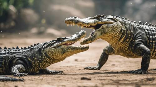 Cặp cá sấu đang chiến đấu, thể hiện sự thống trị và sức mạnh.
