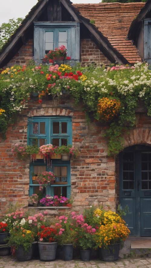 Quang cảnh bên ngoài của một ngôi nhà gạch cũ có mái tranh, được trang trí bằng những giỏ hoa đầy màu sắc bên cửa sổ.