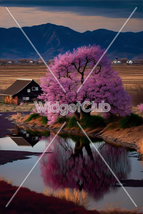 Blooming Cherry Tree by the Water: A Serene Scenery Tapet [63d676cc869f401b8ae3]