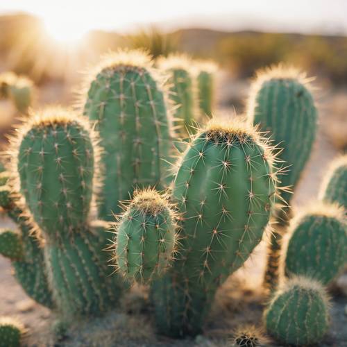 Tampilan jarak dekat dari kaktus hijau muda di gurun saat matahari terbit.