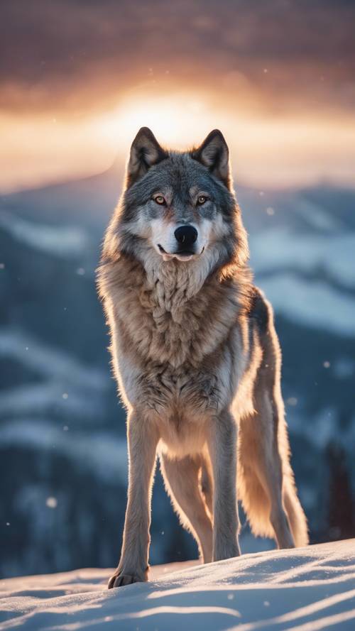 A lone wolf standing on a snowy mountain peak at sunset.
