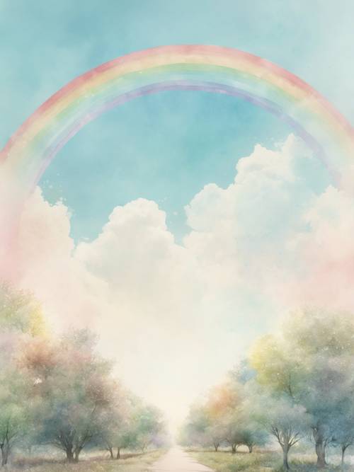 Ilustração em aquarela de um arco-íris pastel arqueando-se através de um céu azul claro.