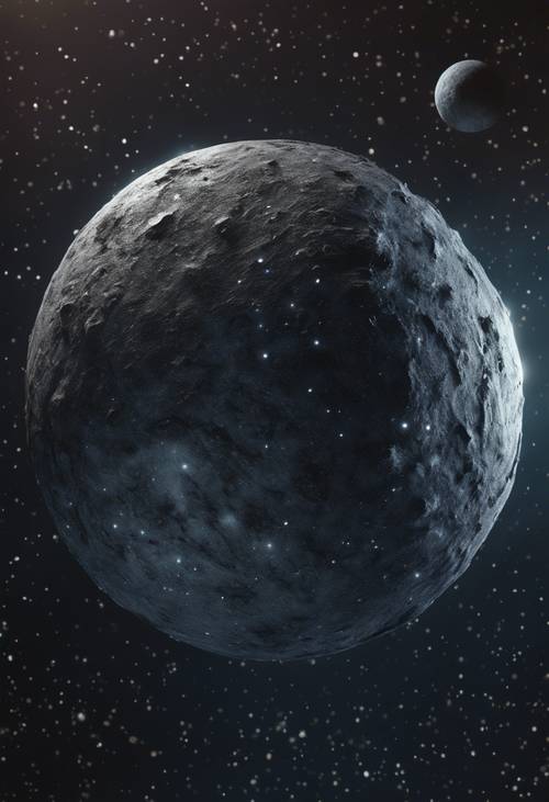 Vue d&#39;une planète texturée gris foncé dans le ciel étoilé.
