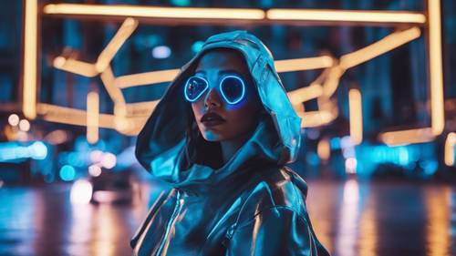 Une femme vêtue de vêtements futuristes sous des lumières bleu néon dans une ville moderne.