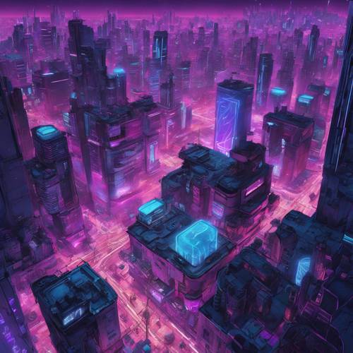 Una vista aérea de un paisaje urbano ciberpunk, con patrones arremolinados de luces azules y violetas parpadeando.
