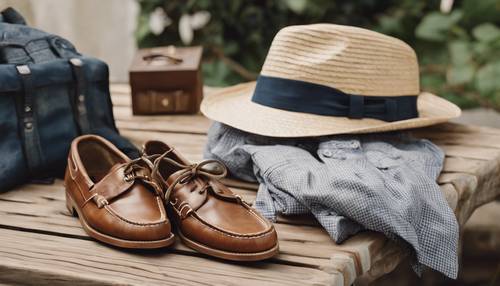 A classic still-life scene of a preppy outfit, carefully laid out, including boat shoes, a seersucker suit, and a straw hat. Kertas dinding [f681d69b57cb41ac8c49]