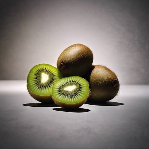 A fully ripened kiwi on a black surface with shadows.