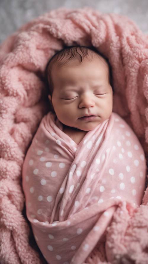 A cute newborn baby swaddled in a pink polka dot blanket