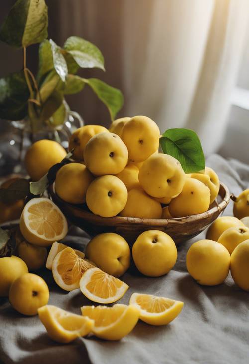 A still-life of fresh yellow fruits arranged artistically on a table. Tapeta [f6bd0260476540ad878b]