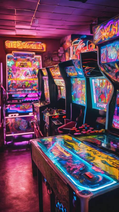 Arcade era Y2K, penuh dengan lampu neon dan video game retro, penuh dengan energi muda.