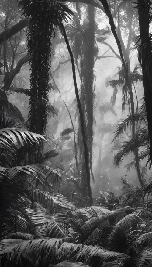 Image en noir et blanc d’une forêt tropicale luxuriante avec brume matinale.