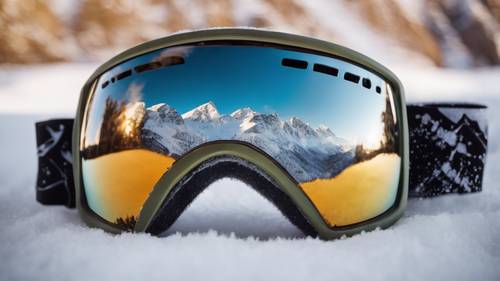 The reflection of a mountain landscape on a snowboarder's glossy goggles.