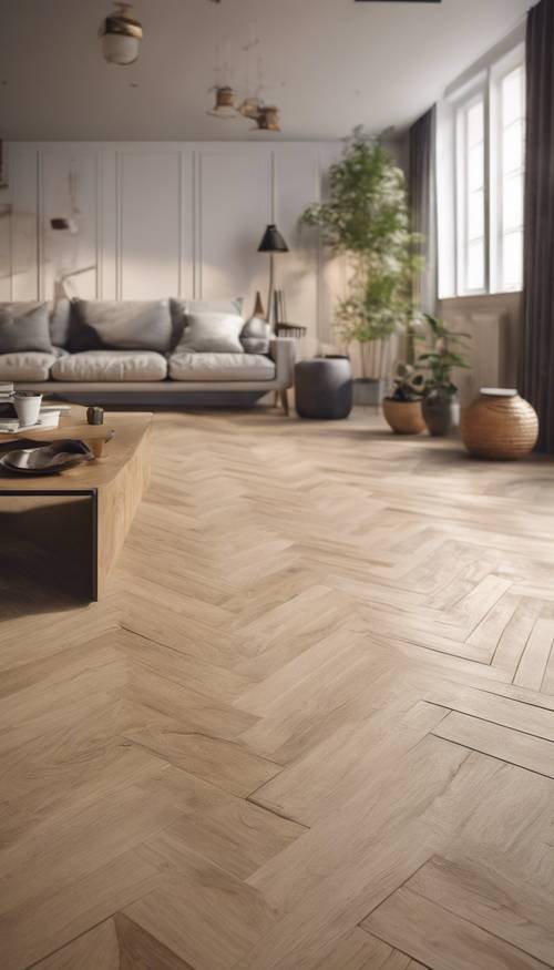 Ruang tamu yang luas dengan lantai herringbone modern yang terbuat dari kayu ek alami.