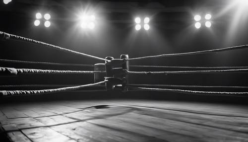 Um antigo ringue de boxe iluminado por um único holofote, apresentado em preto e branco.