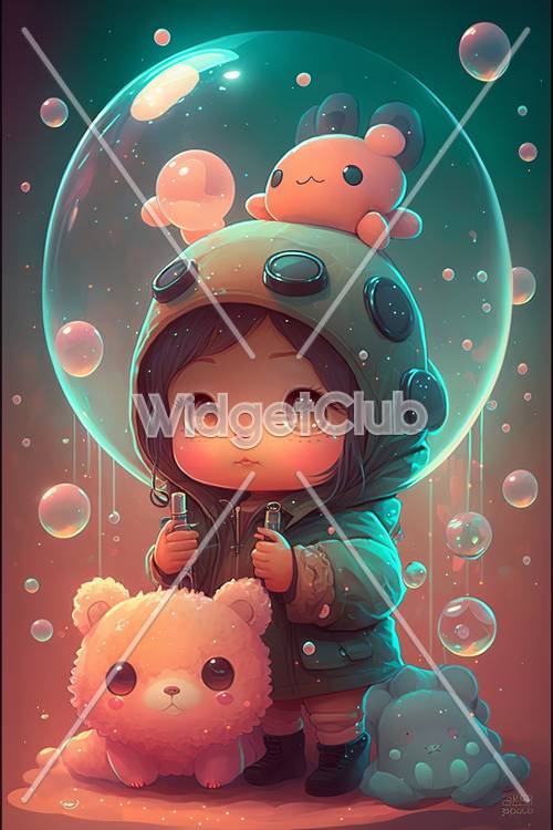 Cute Cartoon Girl with Bubbles and Teddy Bear
