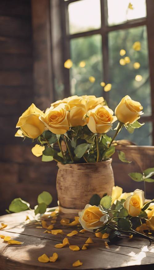A rustic wooden table adorned with a floral centerpiece spotlighting brilliant yellow roses.