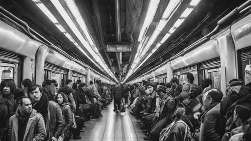 출퇴근 시간 동안 붐비는 현대식 지하철을 흑백으로 그래픽으로 묘사한 작품입니다.