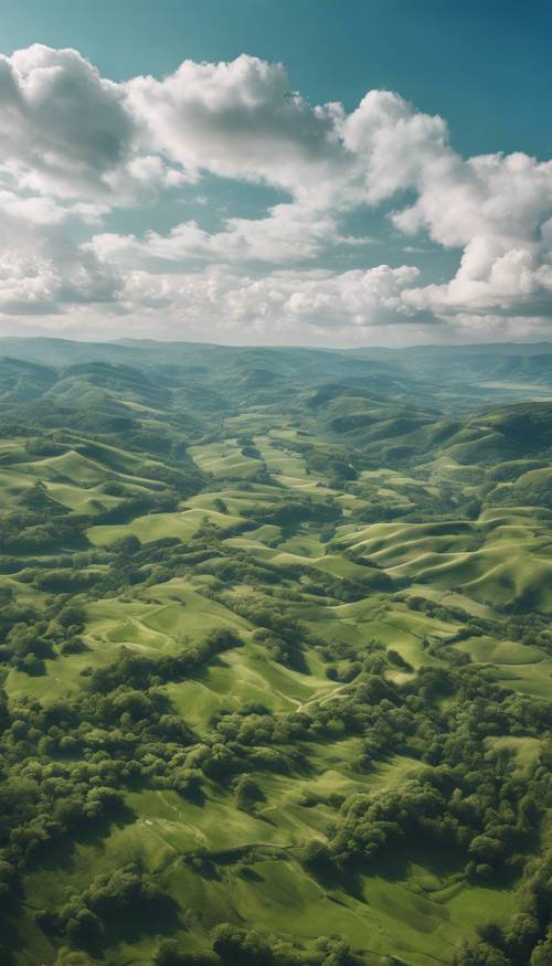 Una vista aérea de un vasto valle verde bajo un cielo azul con nubes blancas irregulares.