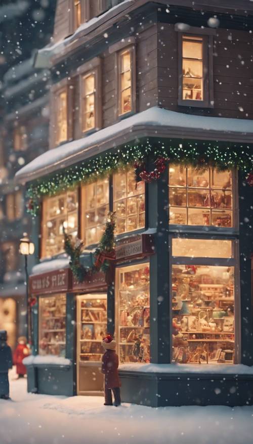 An old-fashioned toy shop, decorated in preppy style for Christmas, with snow falling gently outside. Wallpaper [8c24fd32e8164ed7ad87]