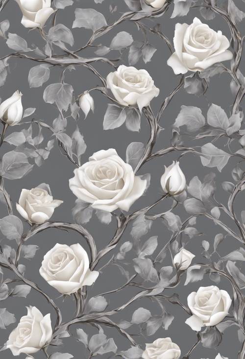복잡한 회색 덩굴과 흰색 장미 꽃봉오리가 특징인 빅토리아 스타일의 벽지 패턴입니다.