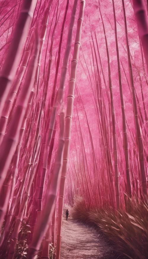 Um bosque de bambu rosa surreal com o vento soprando suavemente