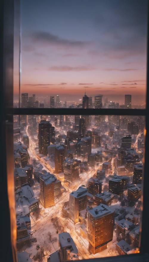 A snowy cityscape view from a skyscraper during sunset, with the city lights twinkling like stars.