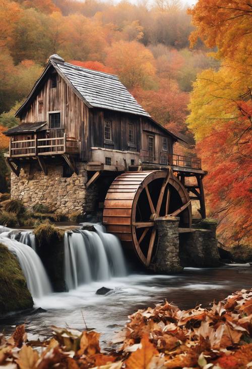 A rustic watermill nestled among vibrant autumn foliage