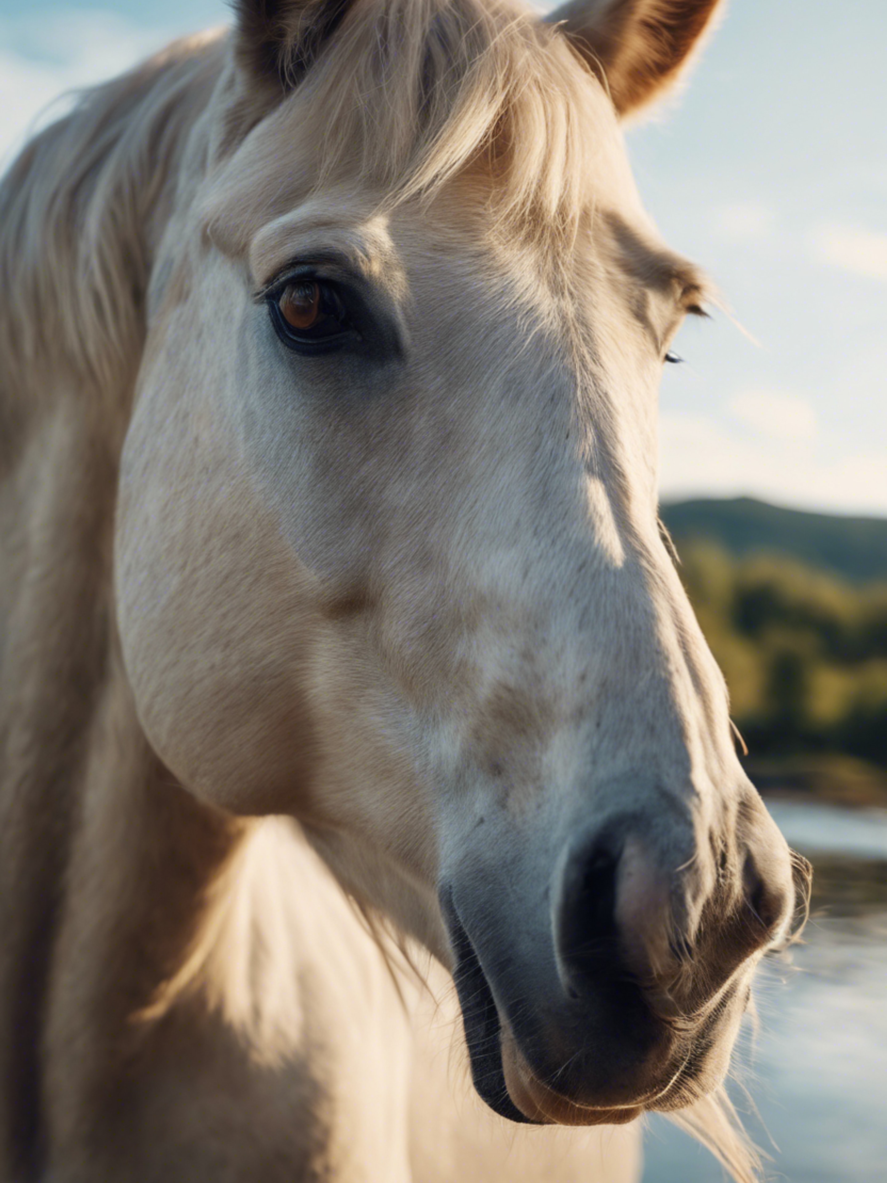 Close up of a beige horse with blue eyes, against a tranquil river backdrop. Tapet[d2505e2991e64a2486f2]