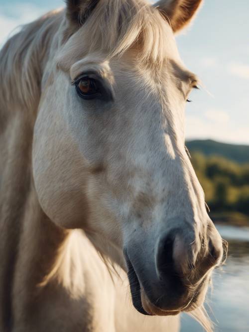 Close up of a beige horse with blue eyes, against a tranquil river backdrop.
