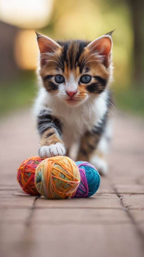 Seekor anak kucing calico yang lucu mengejar bola benang berwarna spektrum