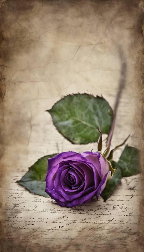 一朵紫色玫瑰躺在一張古老的羊皮紙上。