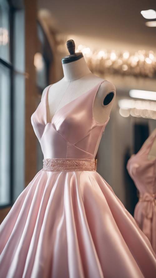 Un elegante abito in raso rosa chiaro esposto su un manichino. Sfondo [32086e9980564836b1f3]
