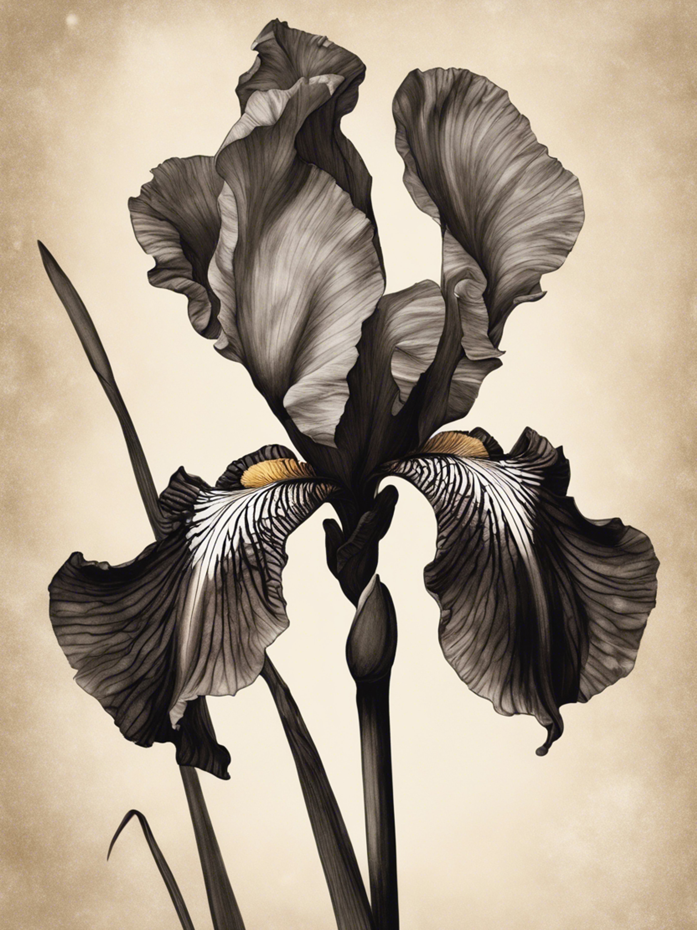 Vintage botanical illustration of a black iris with soft sepia tones. Sfondo[2a4bd6e157a74e759ffb]