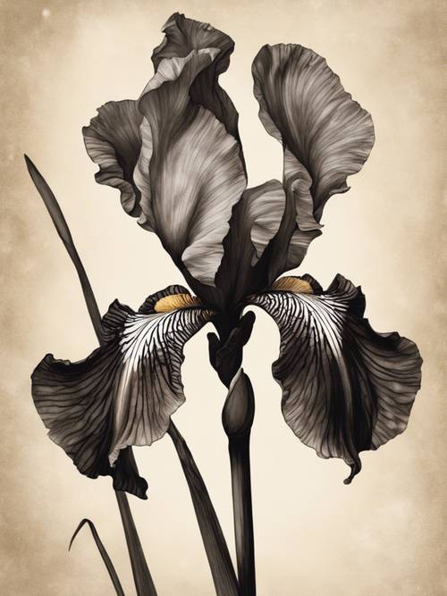 Ilustração botânica vintage de uma íris preta com tons suaves de sépia.