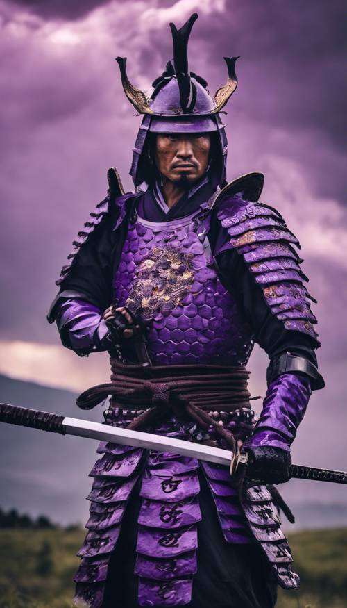 Un minaccioso samurai vestito con un&#39;armatura viola, che impugna una katana contro un cielo tempestoso Sfondo [376844982dfe499db6b0]