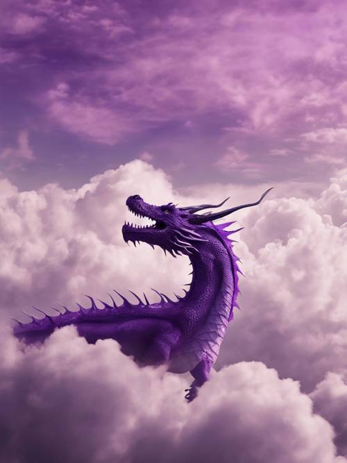 Un dragon violet mystique planant dans un ciel rempli de nuages.