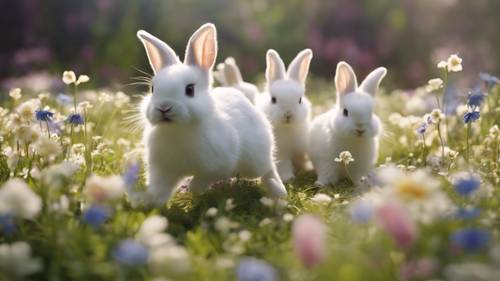 A group of white baby bunnies hopping around a meadow filled with spring flowers.
