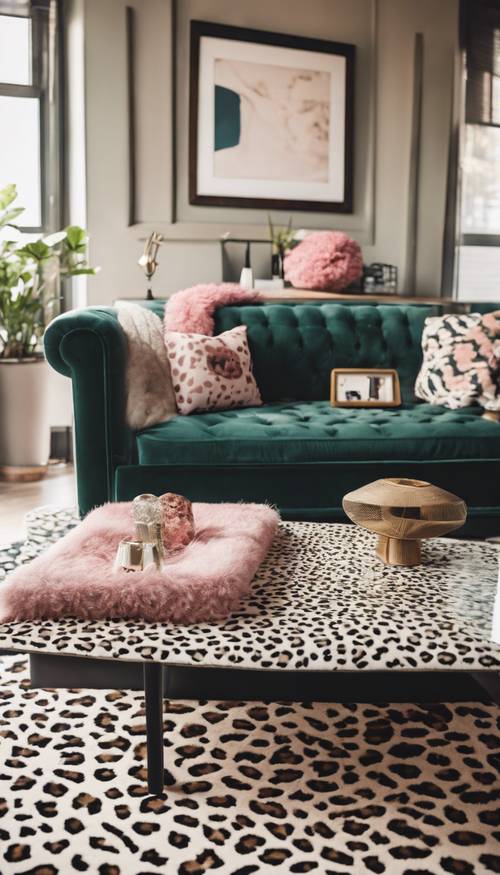 A modern living room with preppy leopard print patterns on the sofa and rugs.