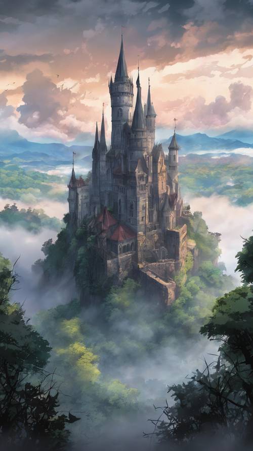 Uma paisagem de anime mostrando um castelo gótico envolto em neblina.