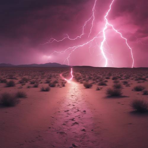Fulmini rosa che illuminano un sentiero in un deserto desolato