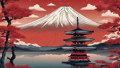 Una clásica ilustración roja del Monte Fuji en estilo japonés de grabado en madera.
